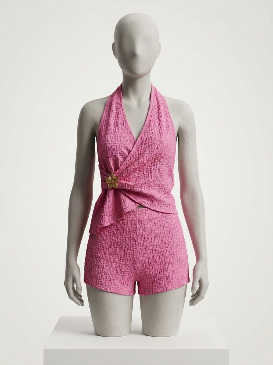Top estilo halter cruzado con pantalones cortos a juego.