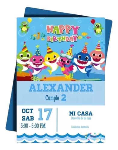 Invitación Digital Tarjeta Cumpleaños Whatsapp - Baby Shark Azul Acero — imagen 1 de 1