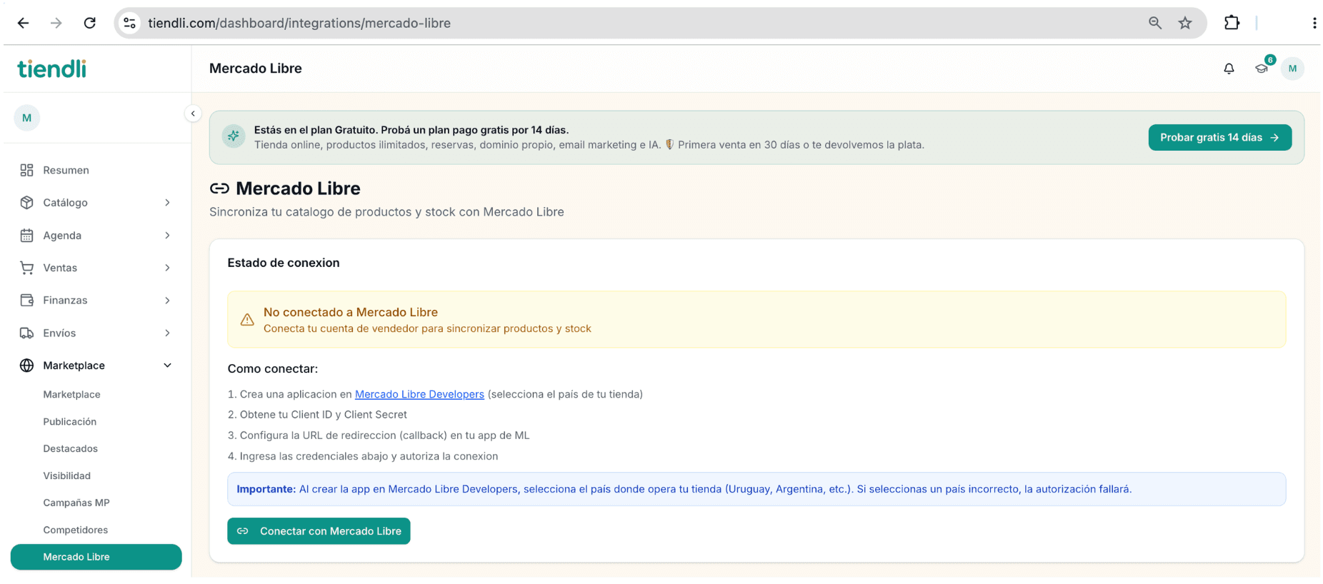 Sección Mercado Libre en el dashboard de Tiendli