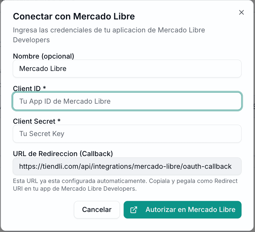 Formulario de conexión con Mercado Libre en Tiendli