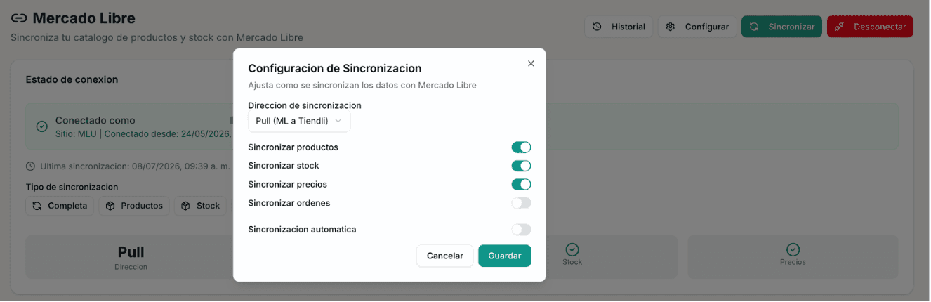 Formulario de configuración de sincronización