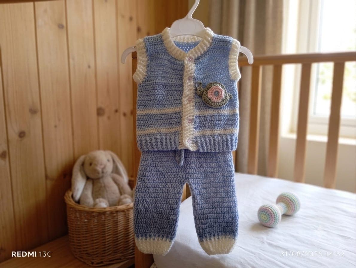 Conjunto tejido celeste con caracol 🐌 — imagen 1 de 2