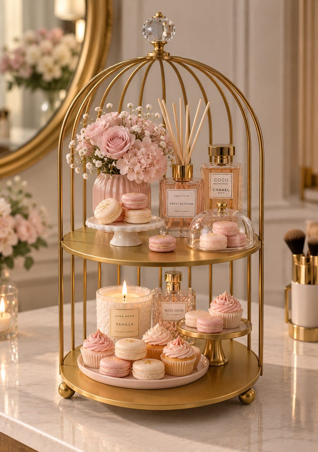 Organizador Decorativo Dorado de 2 Niveles – Diseño Jaula