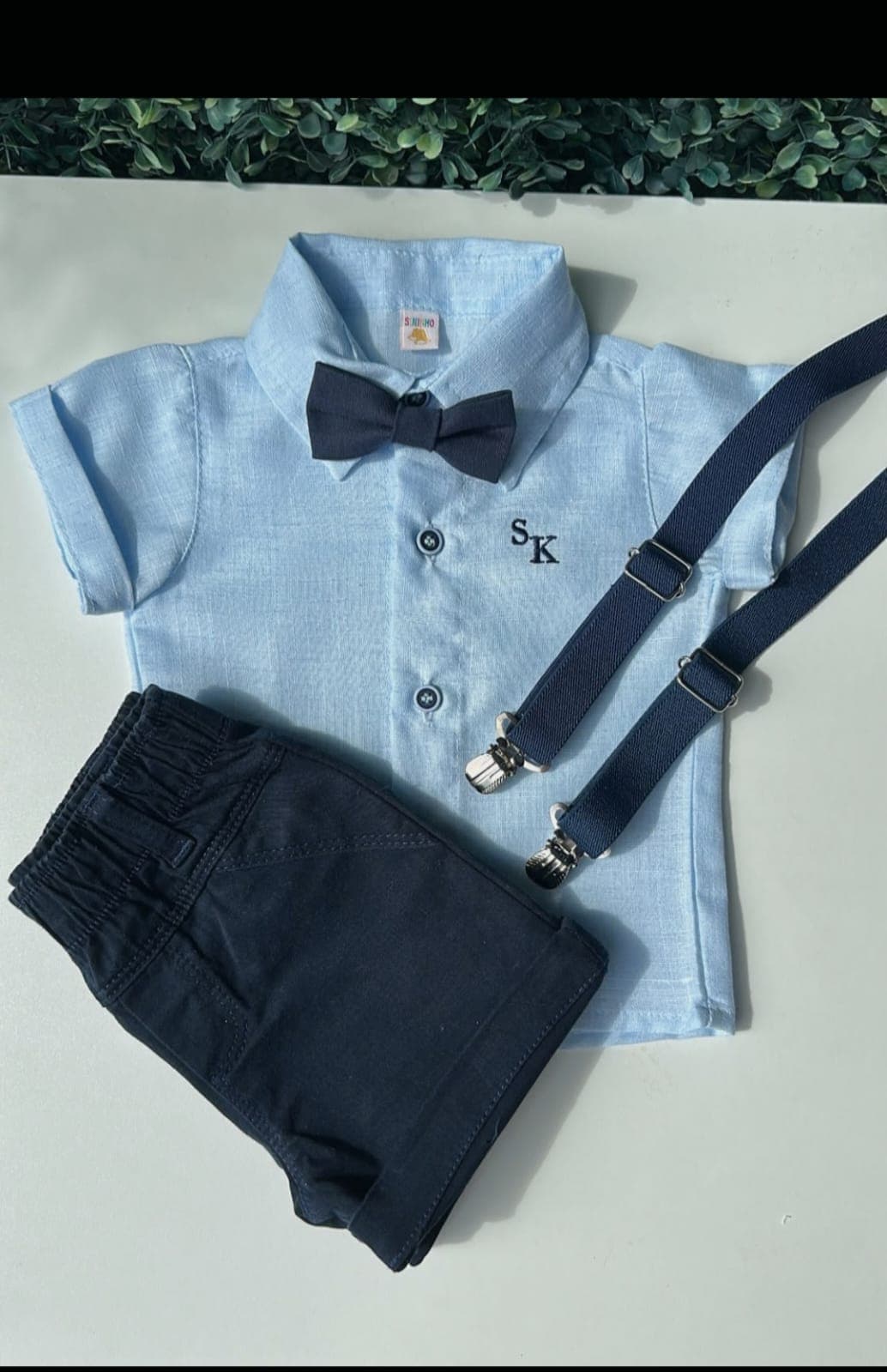 Conjunto Social Infantil Menino - Camisa Linho Azul, Bermuda, Suspensório e Gravata