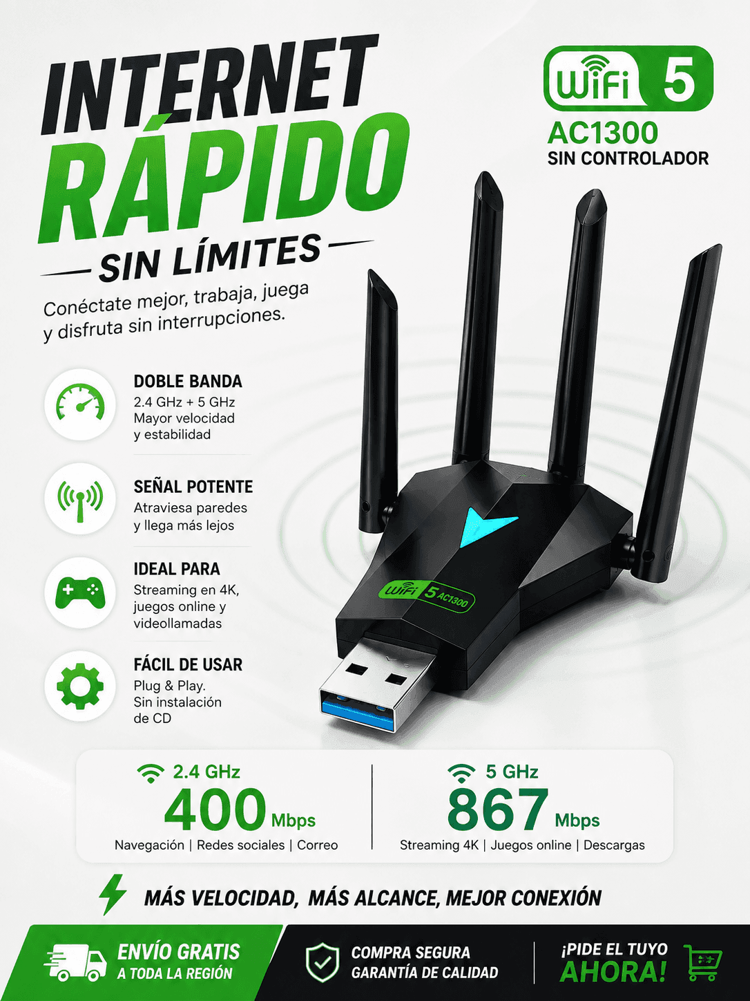 Antena Adaptador USB Wifi Dual Band Alta Velocidad 3 Antenas