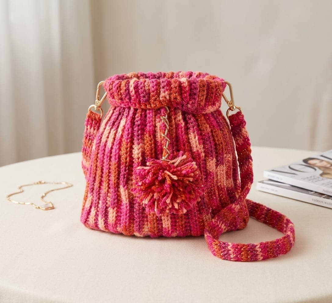Bolso Tipo Tula en Crochet Fucsia - Tejido Artesanal con Pompón - ENVIO GRATIS