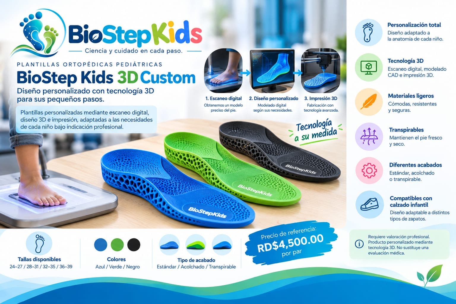 Plantillas Ortopédicas Pediátricas BioStep Kids 3D Custom