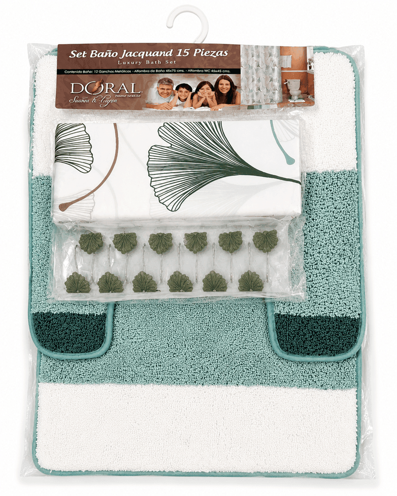 juego de Baño Jacquard 15 Piezas Doral - Diseño Hojas Verde Agua
