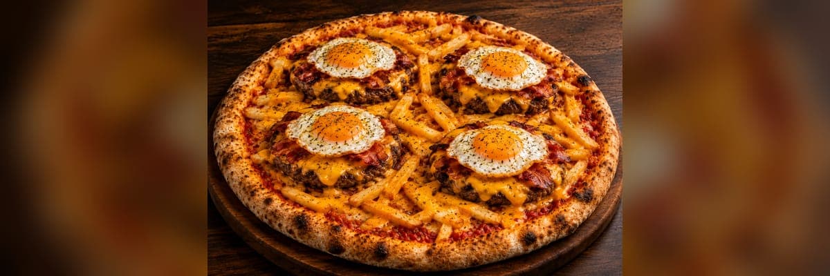Pizzeta con muzza, cheddar, papas fritas, huevo frito y 4 burger