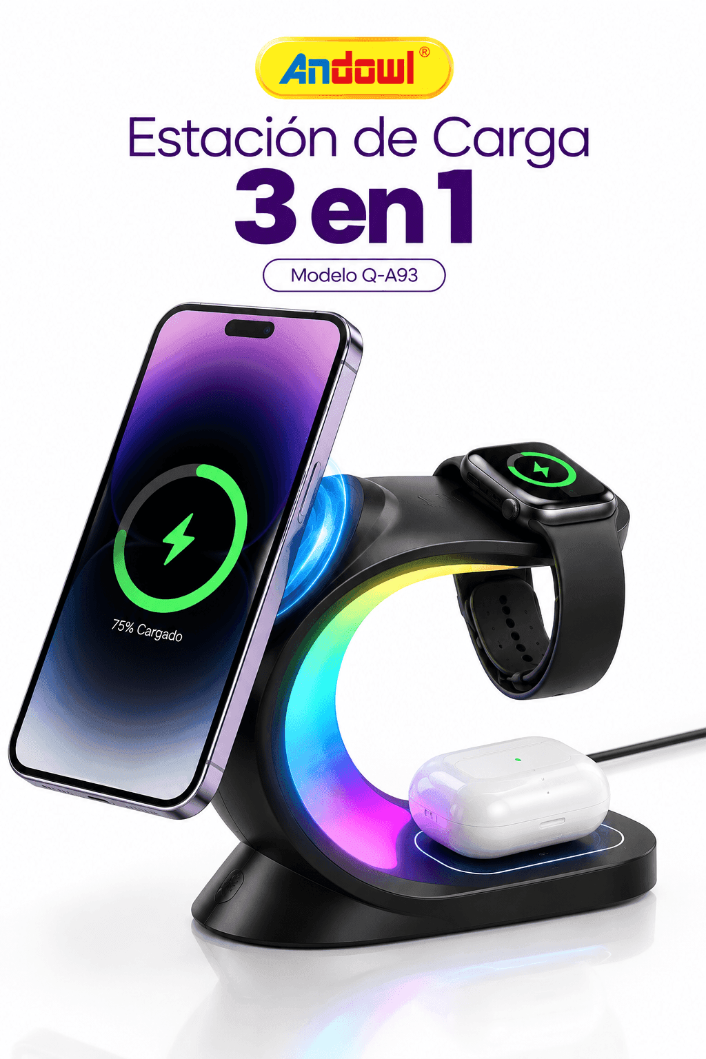Cargador Inalambrico 3 en 1 Estacion RGB