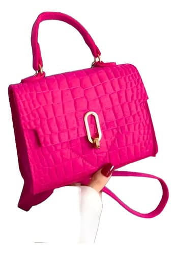 Cartera De Dama De Fieltro Estampada Varios Colores Rosa Chicle Estampado Cocodrilo Oro