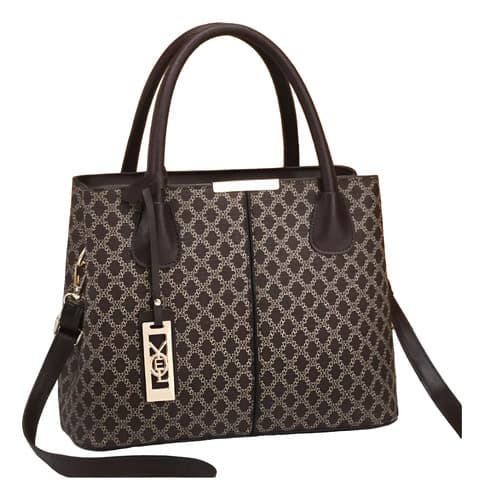 Cartera Bolso De Mano Tote Elegante Con Estampado Geométrico Marrón Oscuro Estampado Oro