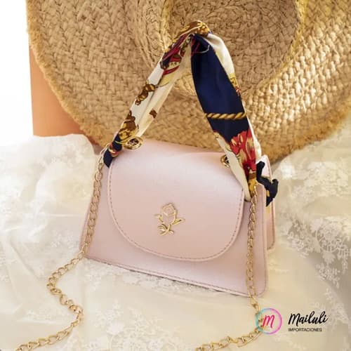 Cartera Mini Bolso Bandolera Con Cadenita Y Seda A La Moda Rosa Claro Liso Oro