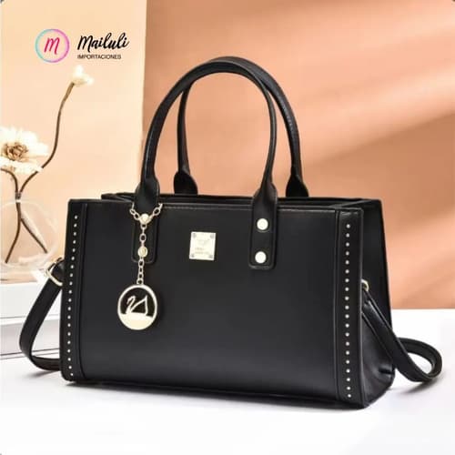 Cartera Bolso Elegante Con Remaches Y Colgante Metálico Negro Liso Oro