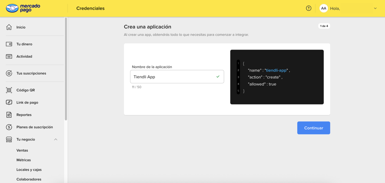 Paso 1 para crear aplicación en Mercado Pago