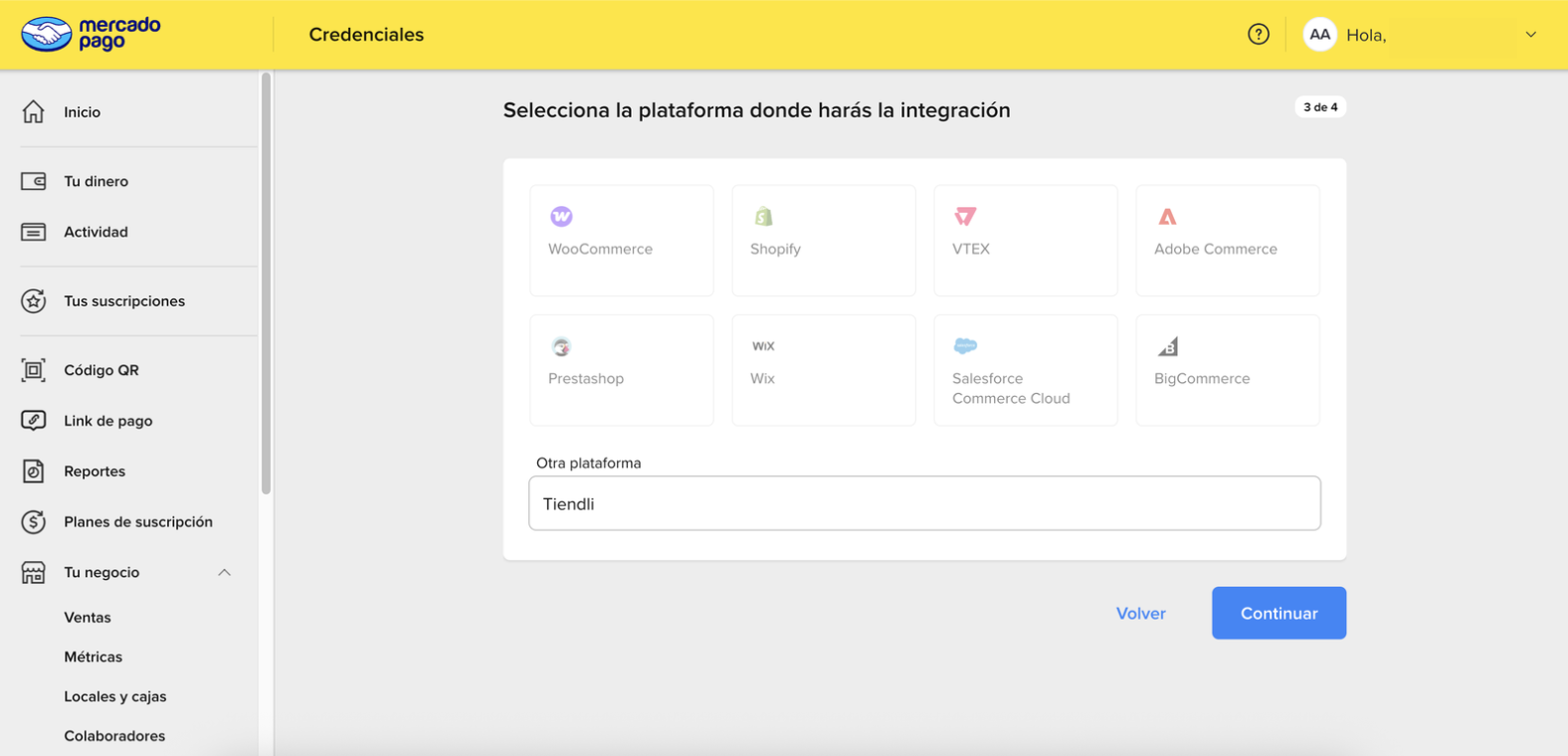 Paso 3 para crear aplicación en Mercado Pago