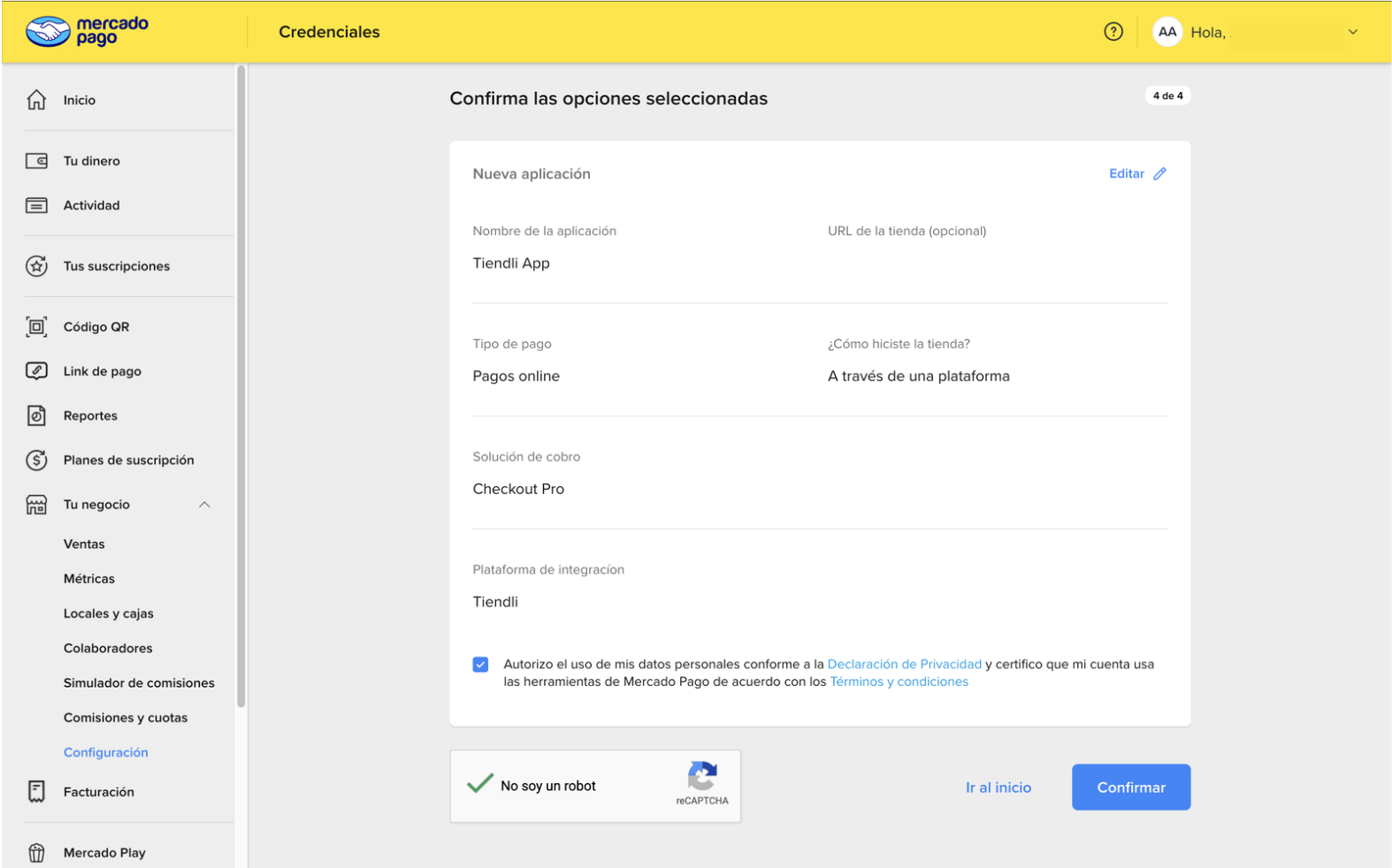 Paso 4 para crear aplicación en Mercado Pago