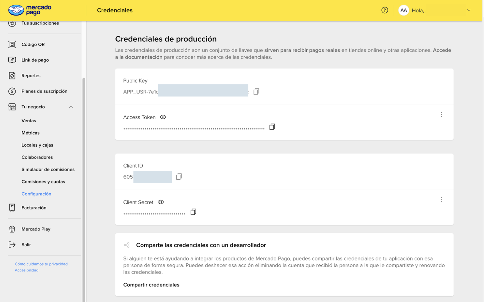 Credenciales Public Key y Access Token en Mercado Pago
