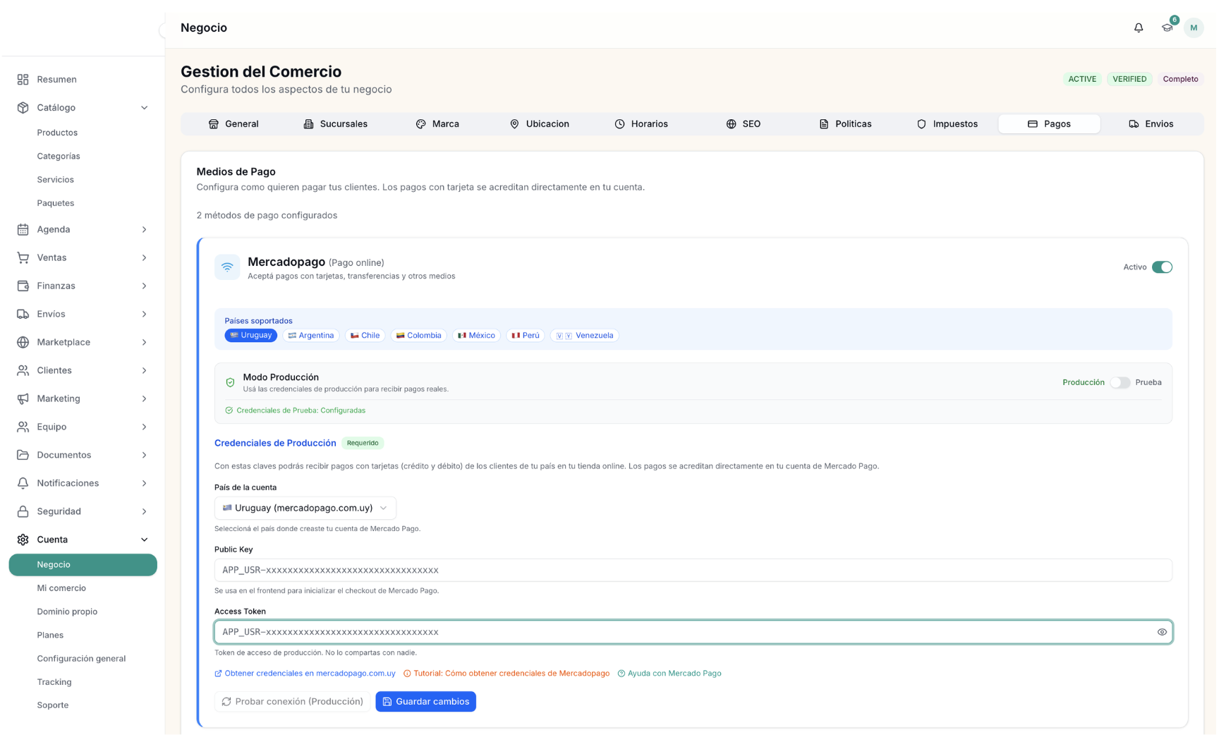 Navegación en el panel de Tiendli: Cuenta → Negocio → Pagos